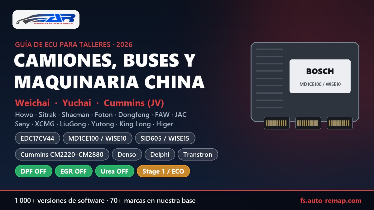 Camiones, buses y maquinaria de construcción china: guía de ECU para talleres — Bosch EDC17CV44, MD1CE100 WISE10, Continental SID605 WISE15, Cummins CM2350, Denso SH7058, Delphi DCM