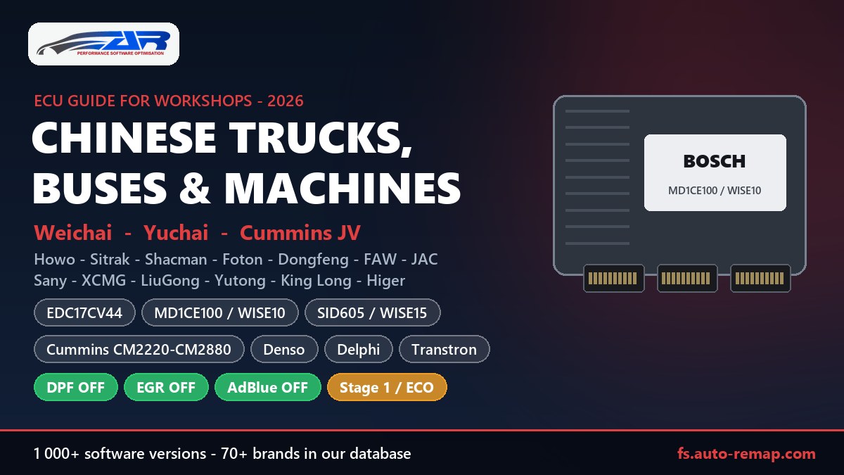 Chinese trucks, buses and construction machines: ECU guide for workshops - Bosch EDC17CV44, MD1CE100 WISE10, Continental SID605 WISE15, Cummins CM2350, Denso SH7058, Delphi DCM