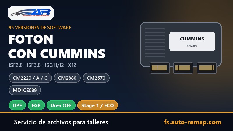Foton con motores Cummins ISF2.8, ISF3.8, ISG11, ISG12 y X12: guía de ECU para CM2220, CM2880, CM2670 y Bosch MD1CS089