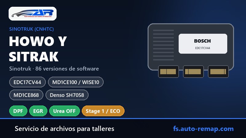 Howo y Sitrak (Sinotruk): qué ECU llevan — Bosch EDC17CV44, MD1CE100 WISE10, MD1CE868 y Denso SH7058; anulación de DPF, EGR y urea