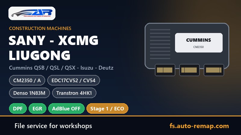 Sany, XCMG and LiuGong construction machines ECU guide: Cummins CM2350, Bosch EDC17CV52 and CV54, Denso 1N83M and Transtron 4HK1