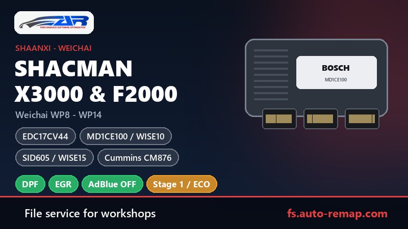 Shacman X3000 and F2000 ECU guide: Weichai WP12, Bosch MD1CE100 WISE10, Continental SID605 WISE15 and Cummins CM876