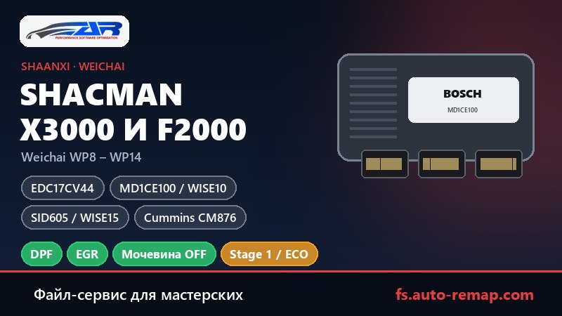 Shacman X3000 и F2000: какие ЭБУ стоят — Weichai WP12, Bosch MD1CE100 WISE10, Continental SID605 WISE15, Cummins CM876; отключение DPF, EGR и мочевины