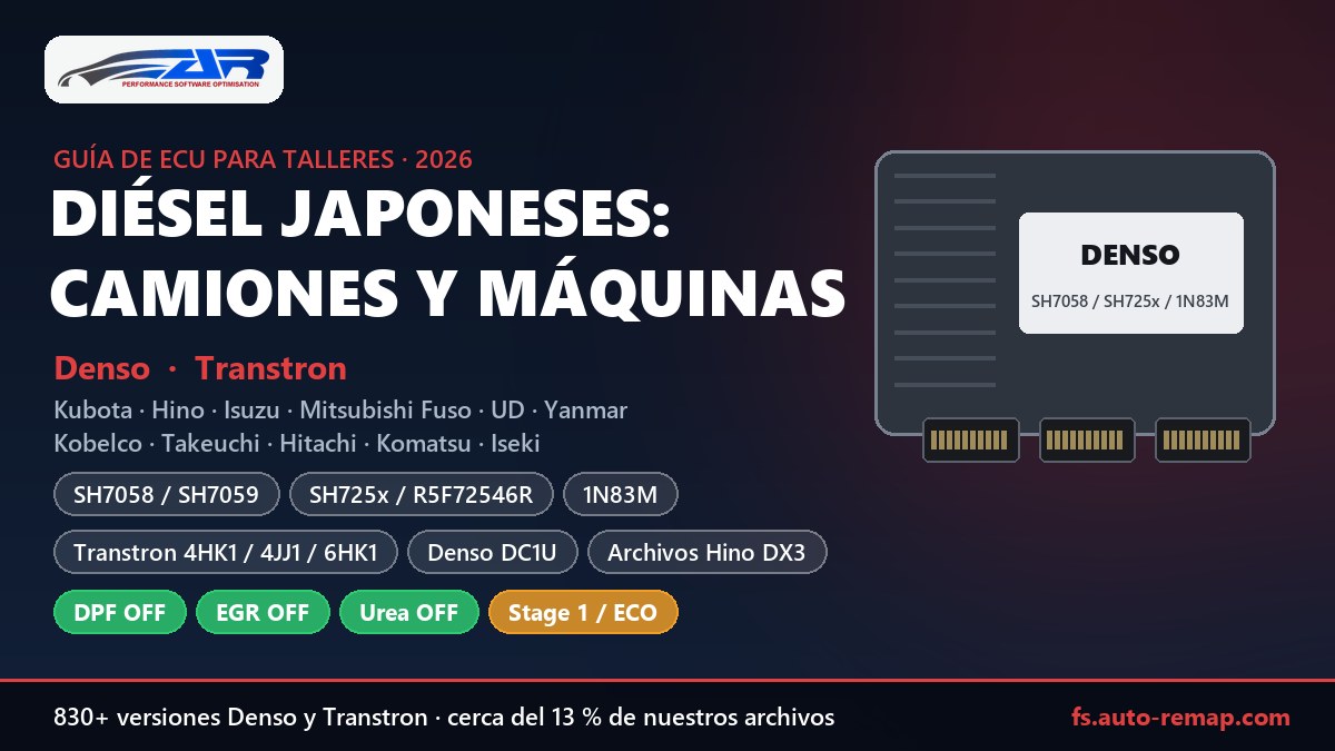 ECU diésel japonesas: Denso SH7058, SH725x, 1N83M, DC1U y Transtron en Kubota, Hino, Isuzu, Yanmar, Mitsubishi Fuso, Kobelco e Hitachi