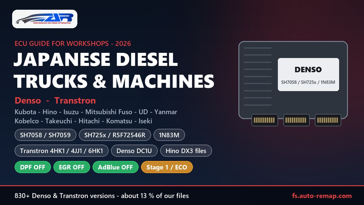 Japanese diesel ECUs: Denso SH7058, SH725x, 1N83M, DC1U and Transtron on Kubota, Hino, Isuzu, Yanmar, Mitsubishi Fuso, Kobelco and Hitachi machines