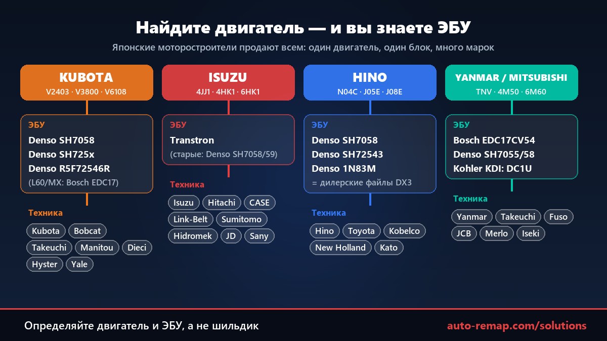 Японские моторостроители Kubota, Isuzu, Hino, Yanmar и Mitsubishi, их ЭБУ Denso SH7058, SH725x, 1N83M, Transtron и марки техники, где они стоят