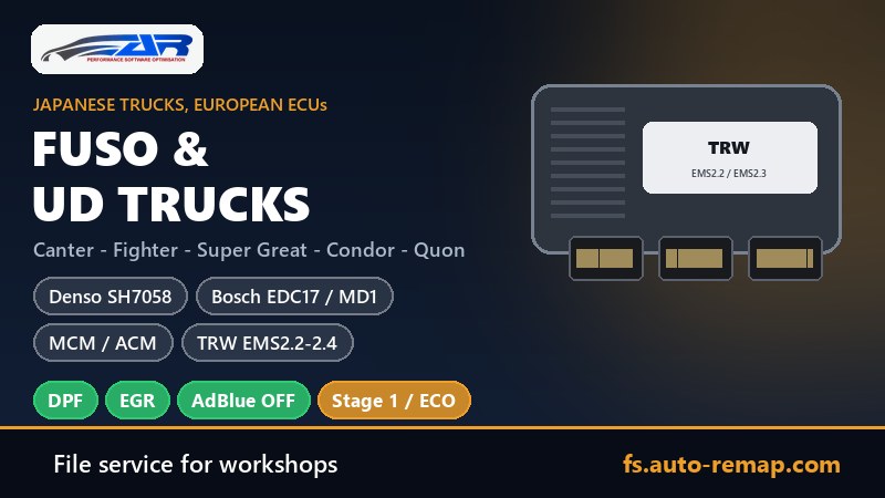 Mitsubishi Fuso and UD Trucks ECU guide: Denso SH7058, Bosch EDC17 and MD1, Continental MCM / ACM on Canter, Fighter and Super Great, TRW EMS2.2 / EMS2.3 / EMS2.4 on UD Condor and Quon