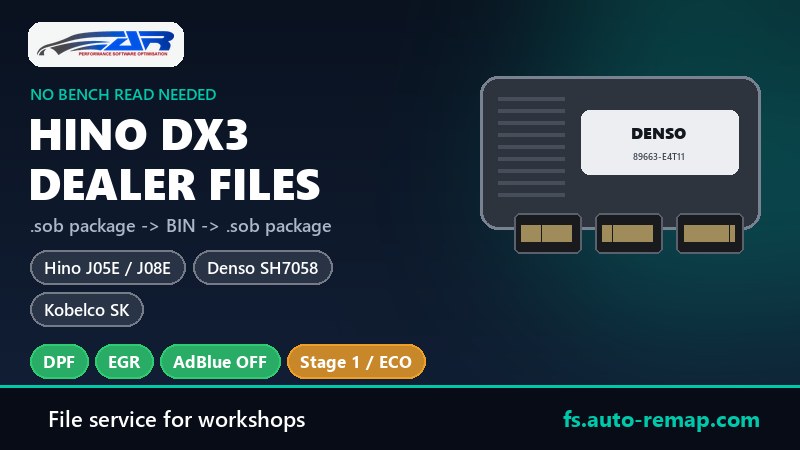 Hino DX3 dealer files: the .sob firmware package is converted to BIN, modified and rebuilt for Hino Diagnostic eXplorer 3 - DPF, EGR, AdBlue off and Stage 1 without a bench read