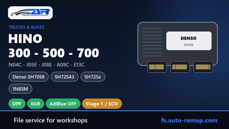Hino 300, 500 and 700 ECU guide: Denso SH7058, SH72543, SH725x and 1N83M on N04C, J05E, J08E, A09C and E13C engines - DPF, EGR and AdBlue OFF