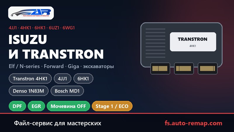 ЭБУ Isuzu: Transtron 4HK1, 4JJ1, 6HK1, Denso SH7058, 1N83M и Bosch EDC17CV41, MD1CE108 на Elf, N-series, Forward и Giga — отключение DPF, EGR и мочевины