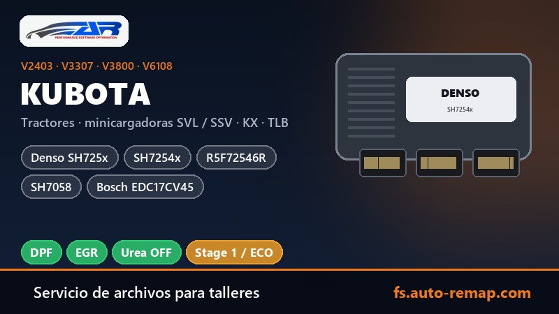 Guía de ECU Kubota: Denso SH725x, SH7254x, R5F72546R, SH7058 y Bosch EDC17CV45 en motores V2403, V3307, V3800 y V6108: anulación de DPF, EGR y urea