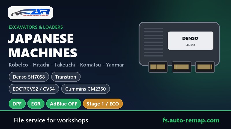 Japanese construction machines ECU guide: Kobelco, Takeuchi, Hitachi, Komatsu, Yanmar, Sumitomo and Kato - Denso SH7058, Transtron, Bosch EDC17CV52 / CV54, Cummins CM2350 - DPF, EGR and AdBlue OFF