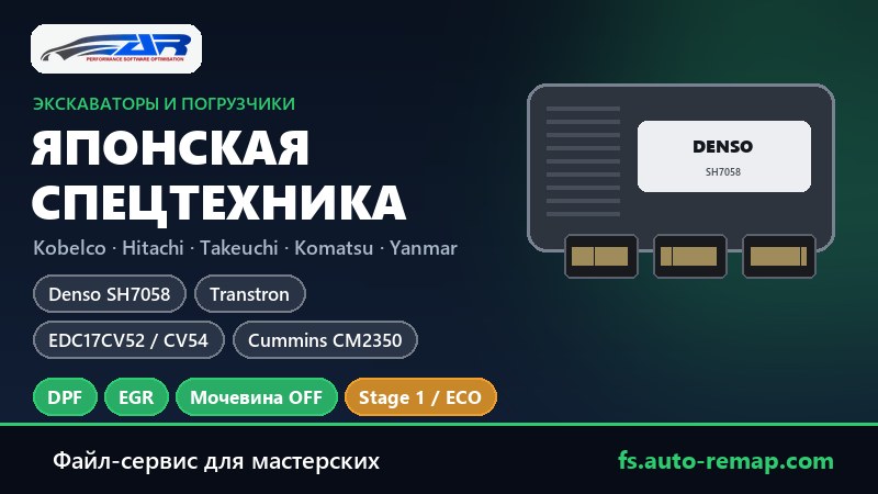 ЭБУ японской спецтехники: Kobelco, Takeuchi, Hitachi, Komatsu, Yanmar, Sumitomo и Kato — Denso SH7058, Transtron, Bosch EDC17CV52 / CV54, Cummins CM2350 — отключение DPF, EGR и мочевины