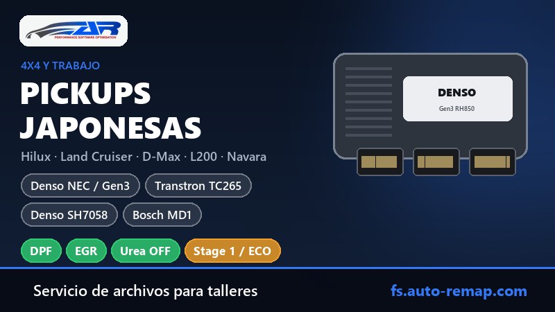 ECU de pickups japonesas: Toyota Hilux y Land Cruiser Denso, Isuzu D-Max Transtron y Bosch MD1, Mitsubishi L200 y Pajero Denso SH7058, Nissan Navara, Mazda BT-50: anulación de DPF, EGR, urea y Stage 1