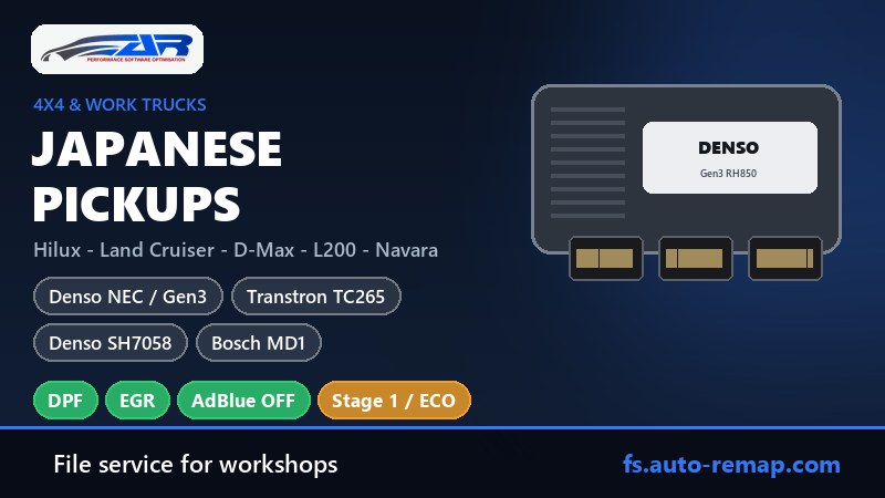 Japanese pickups ECU guide: Toyota Hilux and Land Cruiser Denso, Isuzu D-Max Transtron and Bosch MD1, Mitsubishi L200 and Pajero Denso SH7058, Nissan Navara, Mazda BT-50 - DPF, EGR, AdBlue OFF and Stage 1