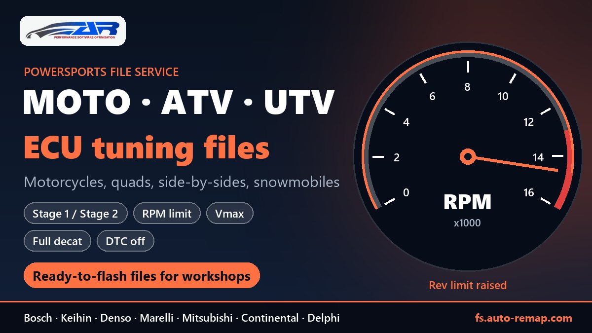 Motorcycle, ATV and UTV ECU tuning files: Stage 1, RPM limit, Vmax, full decat, DTC off