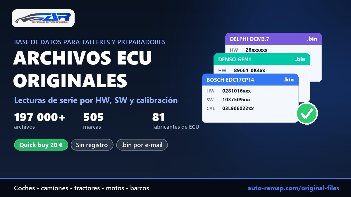 Base de archivos ECU originales: más de 197 000 lecturas de serie para 505 marcas y 81 fabricantes de ECU, Quick buy por 20 € por e-mail