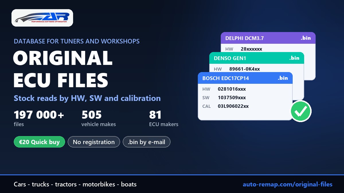 Original ECU files database: 197 000+ stock reads for 505 vehicle makes and 81 ECU manufacturers, Quick buy for €20 by e-mail