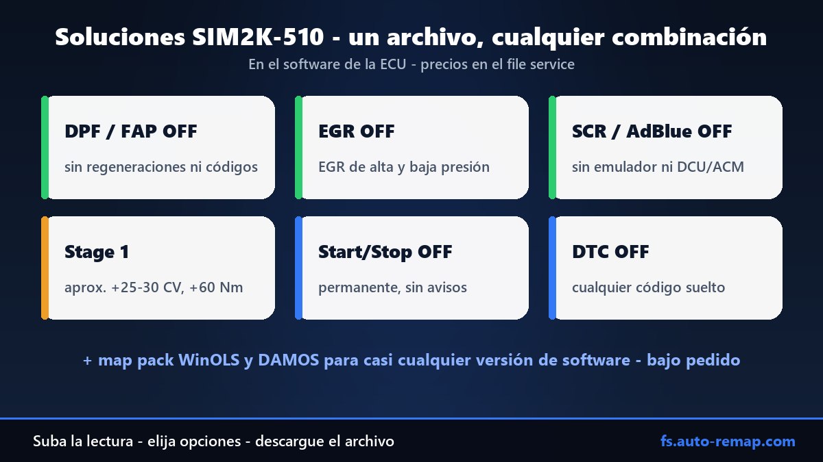 Soluciones para la Continental SIM2K-510: anulación de DPF, EGR, AdBlue, Stage 1, Start/Stop OFF, DTC OFF, map pack WinOLS y DAMOS