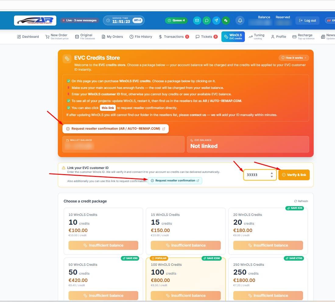 AUTO-REMAP file service: EVC Credits Store page with the Link your EVC customer ID field, Verify & link button and Request reseller confirmation button